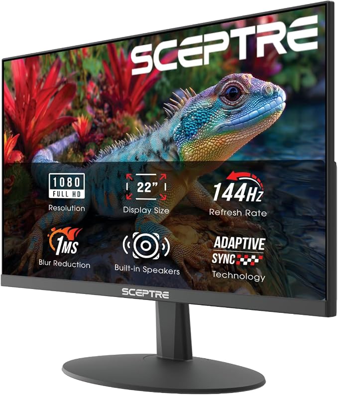 Sceptre New 22-Inch Gaming Monitor, FHD 1080p, Up to 144Hz, HDMI, DisplayPort, Built-in Speakers, Machine Black (E225W-FW144 Series, 2026) by SceptreInc