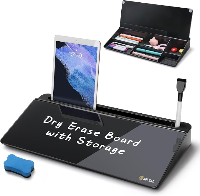 SELEAD Desktop Glass Whiteboard with Organizer, Markers, Eraser - Dry Erase Board Computer Pad Keyboard Stand with Drawer and Holder for Home, School, Office - Black by SELEAD
