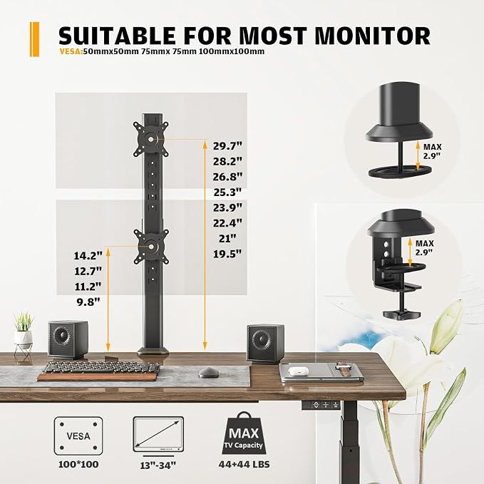 HEMUDU Dual Monitor Articulating Desk Mount Arm Stand - Vertical Stack Screen Supports Two 13 to 34 Inch Computer Monitors with C Clamp - Image 6