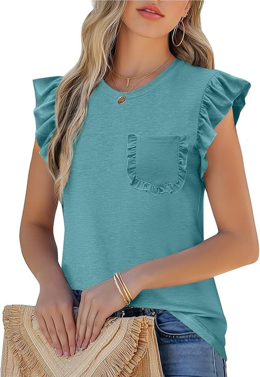 JUSTFASHIONNOW Womens Summer Tops Striped T-Shirts 2026 Ruffle Short Sleeve Crew Neck Casual Blouses with Pocket by Justfashionnow