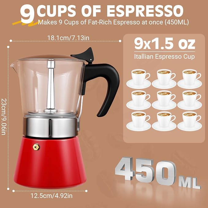 9 Cup 450ml Glass Moka Pot, Stovetop Espresso Maker, Red | Crystal Glass-top & Stainless Steel Coffee Maker, Induction Compatible, for Greca de Cafe, Cuban and Italian Coffee Brewing - Image 5