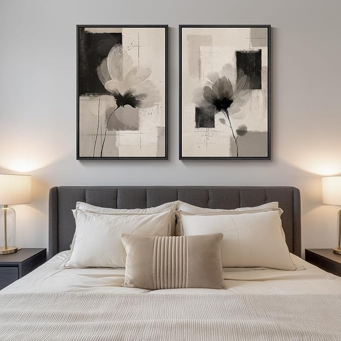Large Framed Neutral Abstract Floral Wall Art, Set of 2 Black and Beige Modern Canvas Prints Paintings Artwork for Walls, Minimalist Pictures for Living Room, Dining Room, Bedroom Wall Decor 24x36 In - Image 3