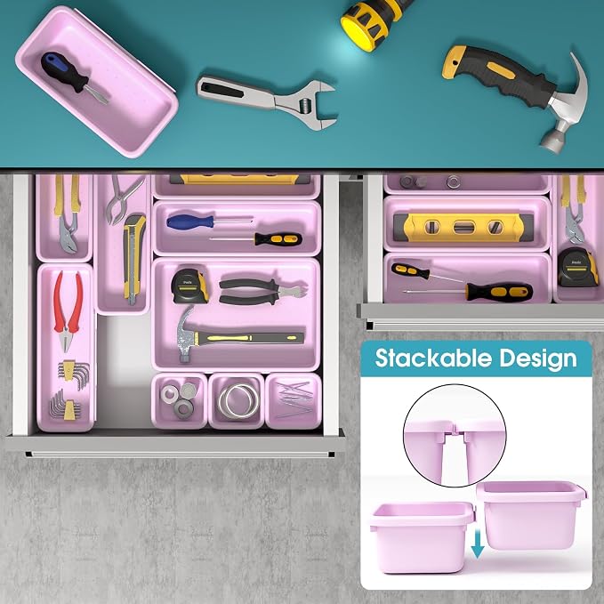 33 PCS Drawer Organizer Set, 4 Size Makeup Drawer Divider Organizer With Non-Slip Pads, Interlocking Plastic Storage Bins for Office,Jewelry Vanity,Gadgets, Bathroom,Kitchen, Purple - Image 5