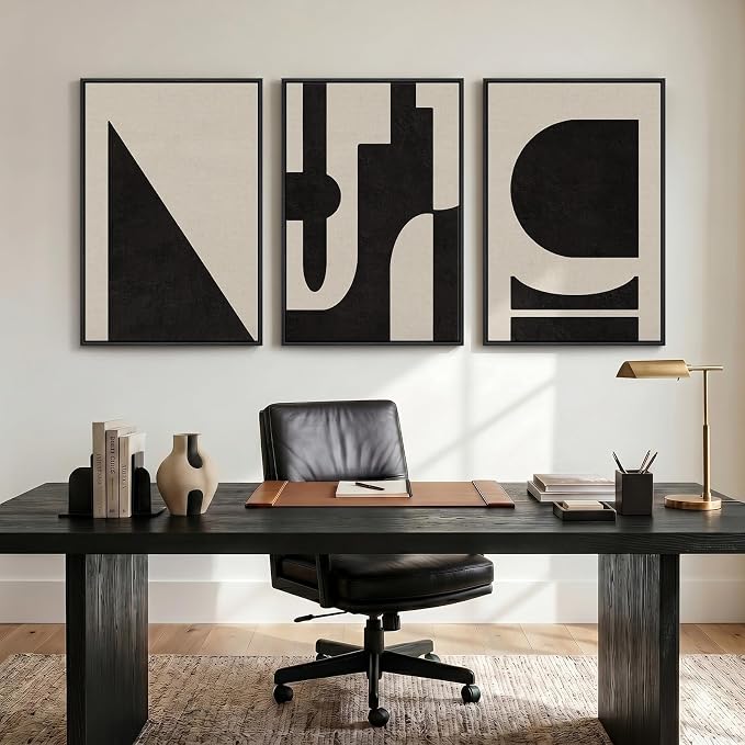 Large Framed Neutral Abstract Geometric Wall Art Set, 3 Piece Modern Minimalist Artwork for Walls, Black and Beige Canvas Prints Pictures Wall Decor for Living Room Bedroom Dining Room Office 24x36 In - Image 4