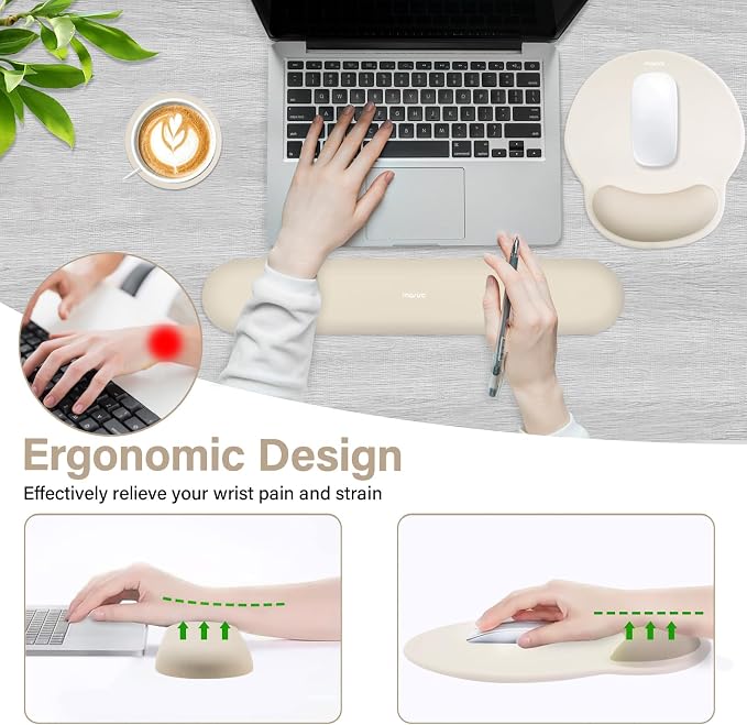 MOSISO Wrist Rest Support for Mouse Pad&Keyboard Set, Khaki | Circle Curved Ergonomic Mousepad Non-Slip Base Home/Office Pain Relief&Easy Typing Pad with Soft Cloth&Silicone Lining - Image 3