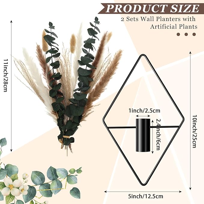 Jexine 4 Pcs Hanging Planters with Artificial Pampas Grass Metal Hanging Vase Indoor Plants Holder Modern Geometric Boho Bathroom Wall Decor for Living Room Home Office(Black) - Image 2