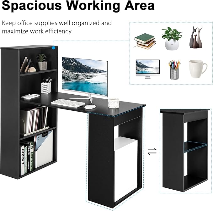 Tangkula Computer Desk with Bookshelf, Writing Study Desk with Storage Shelves & CPU Stand, Modern Compact Computer Workstation for Home & Office, Space-Saving Design (Black) | Bookcase Desk w/Bookshelf Storage Shelves & CPU Stand, Space-Saving Design ... - Image 6