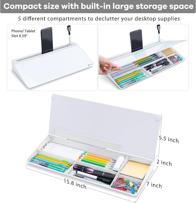 Varhomax Glass Desk Whiteboard with Storage, Desktop Organizer to-do List Memo Notepad Dry Erase White Board for Home Office and School Supplies (White) - Image 3
