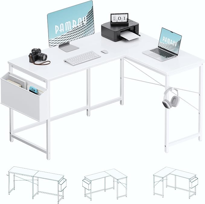 Pamray 47 Inch Reversible L Shaped Gaming Desk Corner Computer Desk with Storage Bag Home Office Table for Writing Study White - Image 3