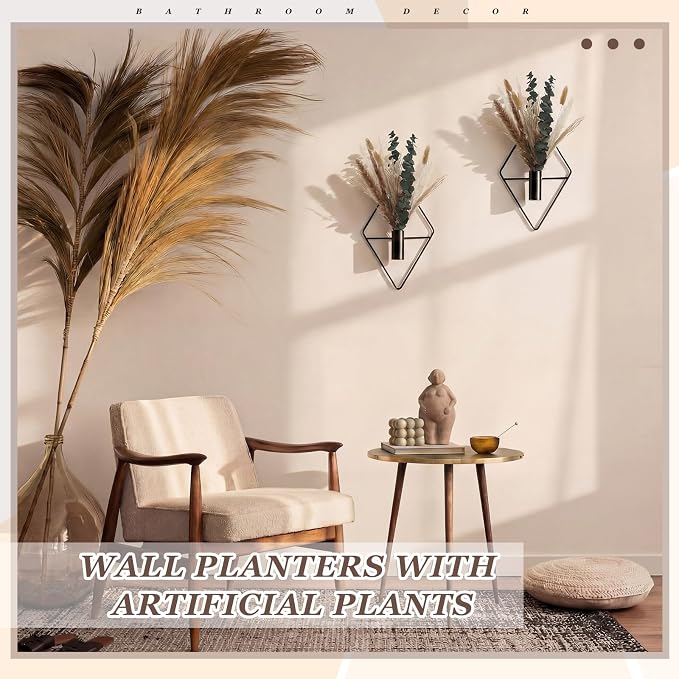Jexine 4 Pcs Hanging Planters with Artificial Pampas Grass Metal Hanging Vase Indoor Plants Holder Modern Geometric Boho Bathroom Wall Decor for Living Room Home Office(Black) - Image 4
