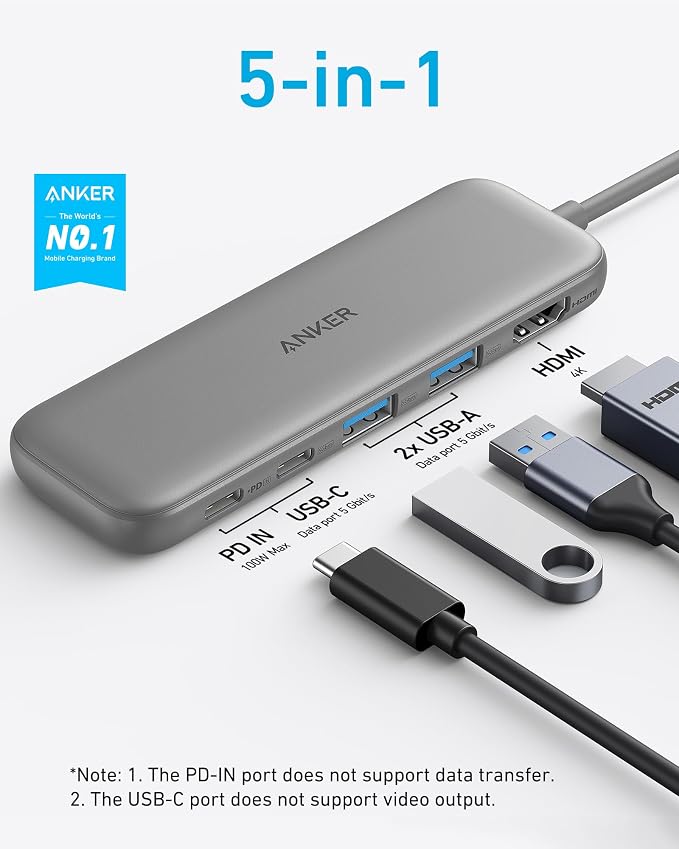 Anker USB C Hub, 5-in-1 USBC to HDMI Splitter with 4K Display | 85W Max PD, 1 Powered USB-C 5Gbps & 2 Powered USB-A 3.0 5Gbps Data Ports, for MacBook Pro, MacBook Air, Dell and More (Grey) - Image 2