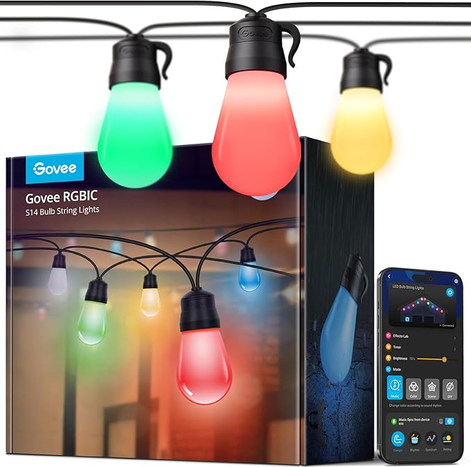 Govee Smart Outdoor String Lights H7029, 24ft RGBIC, IP65, 47 Scene Modes | 8 Dimmable LED Bulbs Outdoor Lights with Color Changing Warm White Lights for Patio, Backyard, App Control, Bluetooth by Unknown