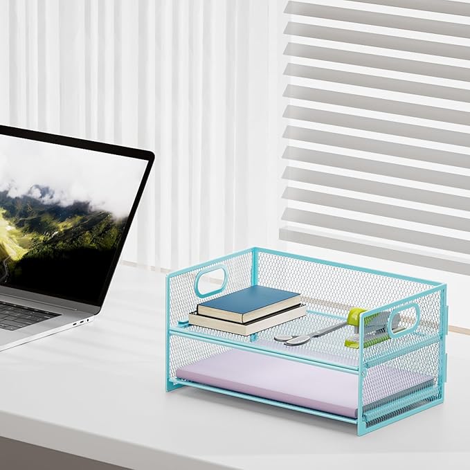 Marbrasse 2 Tier Paper Organizer Letter Tray, Mesh File Organizer with Handle, Paper Sorter Desk Organizer for Home Office Supplies - Blue - Image 3