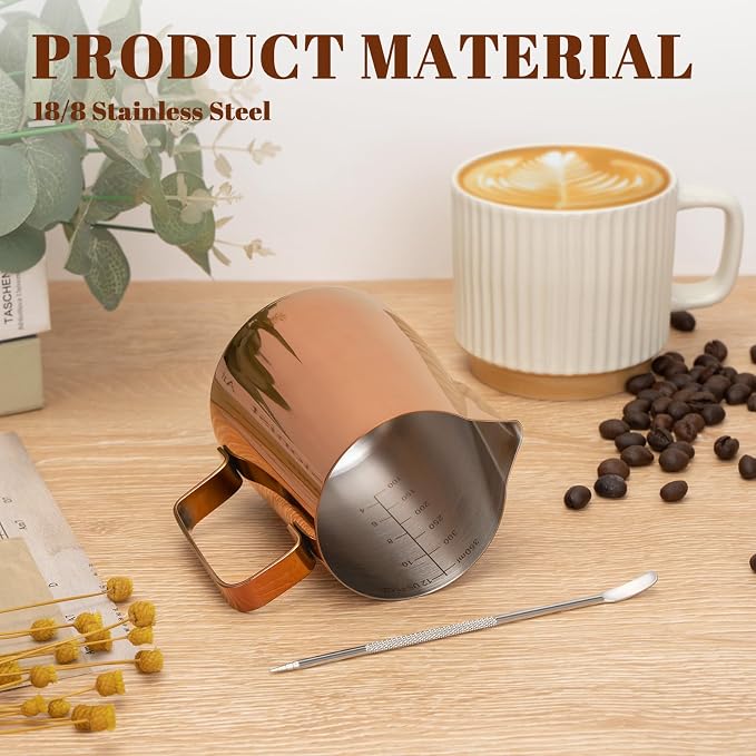Amrules Milk Frothing Pitcher, 12 oz Milk Frother Cup with Clear Scale, 304 Stainless Steel Cappuccino Espresso Machine Accessories for Barista Coffee Bar with Latte Art Pen, Rose Gold - Image 5