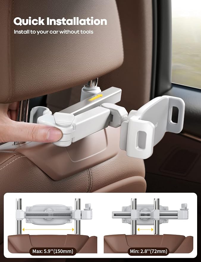 Lamicall Car Headrest Tablet Holder - [Extension Arm] Upgrade Adjustable Tablet Car Mount for Back Seat, Road Trip Essentials for Kids, for 4.7-11" Device like iPad Pro, Air, Mini, Galaxy, Fire, White - Image 4
