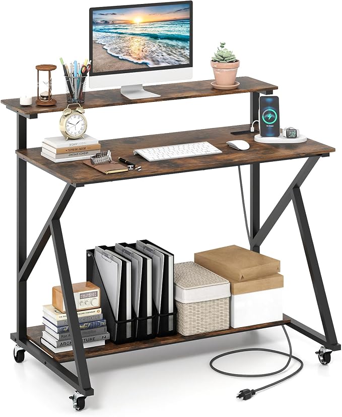 Giantex Rolling Computer Desk with Charging Station, Mobile Portable Laptop Desk with Monitor Stand & Storage Shelf, Small Desk with Lockable Wheels for Small Spaces, Home Office (Rustic Brown) by Giantex