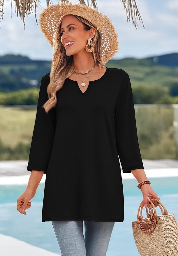 OFEEFAN Summer Boho Tops For Women 3/4 Length Sleeve Womens Tops Vacation Outfits - Image 3