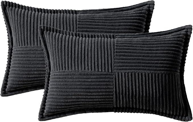 MIULEE Decorative Lumbar Throw Pillow Covers for Couch Bed Livingroom 12x20 Inch Set of 2 Black Boho Accent Throw Pllows Broadside Striped Patchwork Soft Corduroy Pillowcases - Image 6