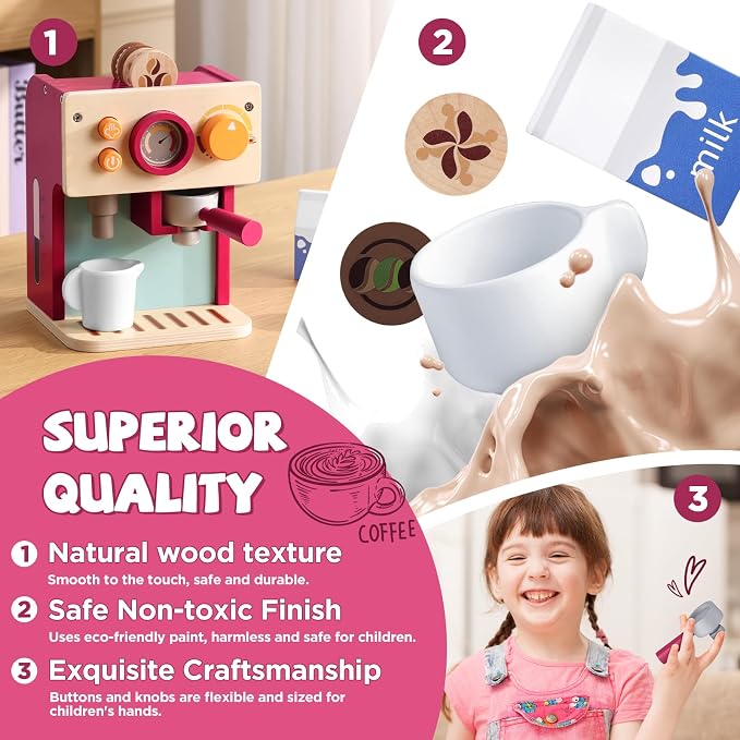 GAGAKU Wooden Coffee Machine Toy for Toddlers, Montessori Learning Toys for 3 4 5 Year Old Girls & Boys, Realistic Pretend Play Kitchen Accessories with Espresso Maker & Latte Art Set - Image 3