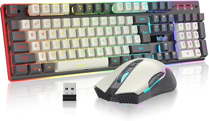 RedThunder K10 Pro Wireless Gaming Keyboard and Mouse Combo, RGB Backlit Rechargeable 3800mAh Battery, Mechanical Feel Anti-ghosting Keyboard + 7D 3200DPI Mice for PC Gamer(White Gray) by RedThunder