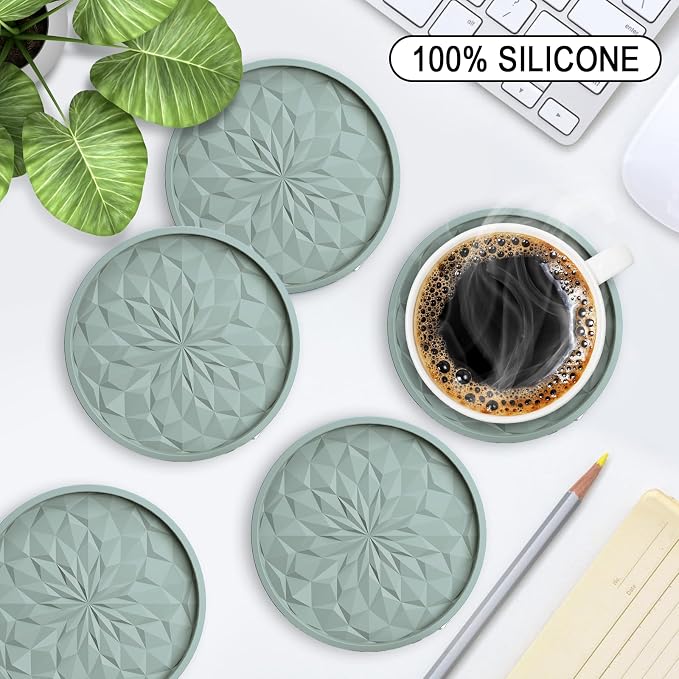 ME.FAN Silicone Coasters with Holder,[6 Pack] Drinking Coasters - Cup Mat for Hot or Cold Drinks, Thickened, Non-Slip, Non-stick,Deep Tray Desert Sage - Image 2