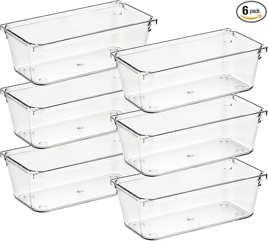 Ravinte 6 Pack Drawer Organizer, 3" x 6" Plastic Storage Bins | Acrylic Tray Design, Non-Slip Pads, For Makeup, Jewelry, Kitchen Utensils, Bathroom, Office Storage by Ravinte