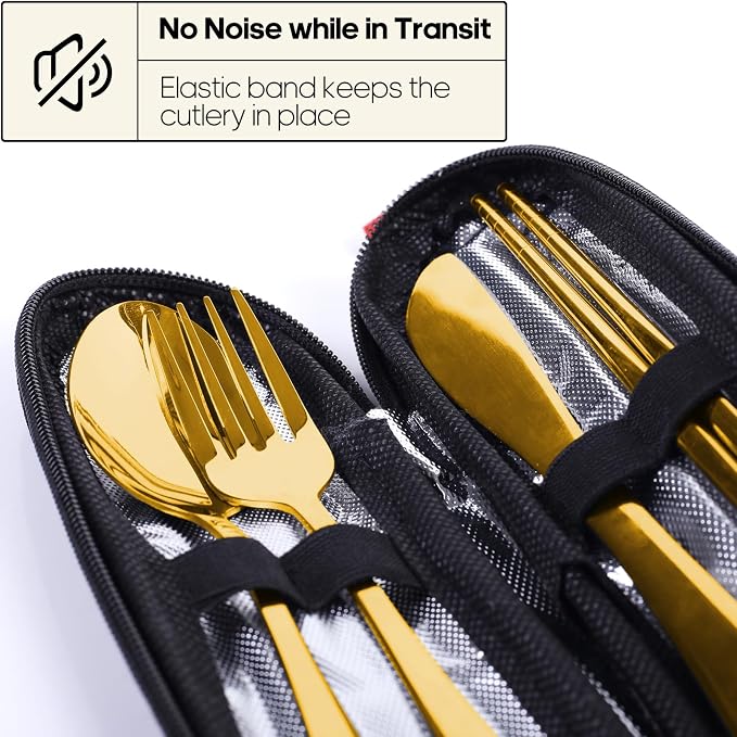 Travel Utensils with Case, Quatish Portable Silverware Set for Work, Stainless Steel Reusable Travel Cutlery, Fork and Spoon Set for Camping, Picnic, Gadgets, Lunch Box for Men, Christmas Gift, Gold - Image 3