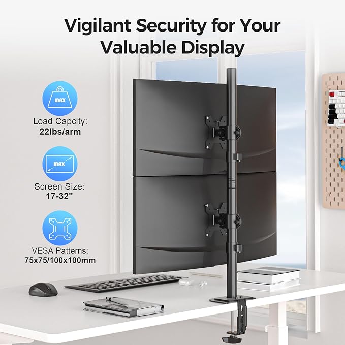Suptek Dual LED LCD Monitor Stand up Desk Mount for 2 / Two Screens up to 32 inch Extra Tall 31.5" Pole Heavy Duty Fully Adjustable Stand Vertical Array (MD6802) - Image 2
