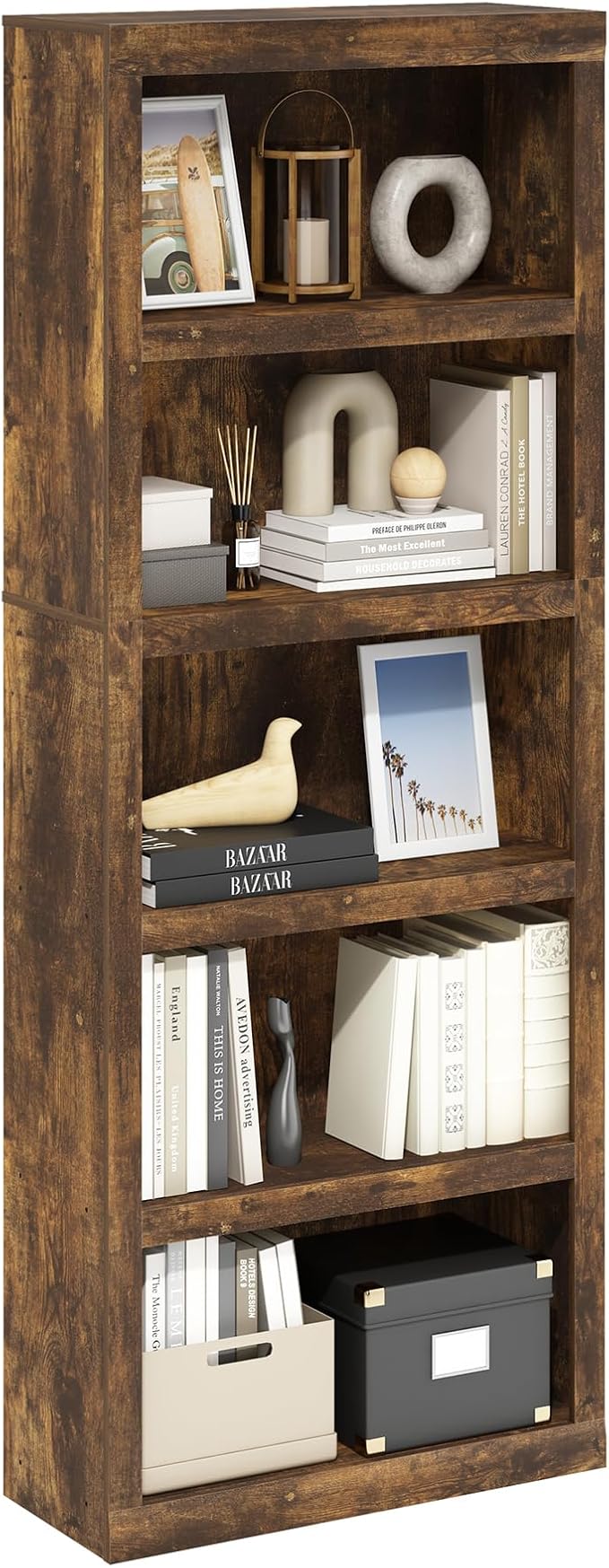 Furinno Rail Book Shelf, 5-Tier Bookshelf with Open Shelf, Bookcase with Classic Style Edges, 10 x 24.6 x 63.5, for Organization and Storage, for Living Room, Bedroom, Home Office, Amber Pine by Furinno-FitsYourSpaceFitsYourBudget