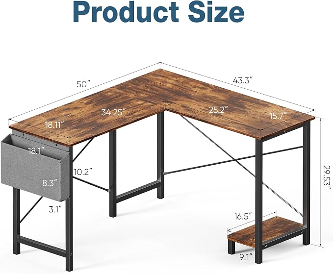 OLIXIS L Shaped Desk, 50-Inch Office Computer Gaming Desks Corner PC Table with Side Bag and Reversible Shelf for Home Work Study Writing Rustic Brown | Side Bag, Reversible Shelf, Home Work Study Writing, PC Workstation, Easy Assembly, Rustic Brown - Image 3