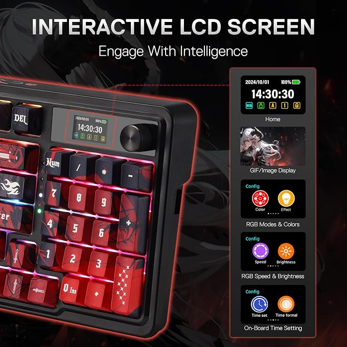 Redragon K719 PRO Wireless RGB Gasket Gaming Keyboard, Dye-Sub Anime Keycap | Easy-Control LED Info Display, 0-Delay Tri-Mode, Cushioned 5-Layer Noise Dampening for Creamy Thocky Sound, 95% Layout - Image 5
