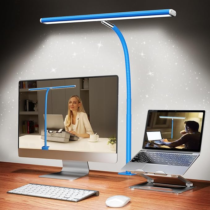 Airlonv LED Desk Lamp for Office Home, Eye-Caring Desk Light with Stepless Dimming Adjustable Flexible Gooseneck, 10W USB Adapter Desk Lamp with Clamp for Reading, Study, Workbench (Blue) by Airlonv