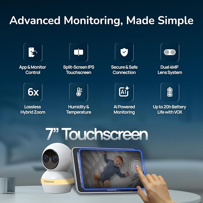Babysense TOUCH 7" Touchscreen Smart WiFi Baby Monitor with App, Camera and Audio, 2 Cameras with Night Light, 4MP Dual-Lenses with 6X Zoom, AI Auto Tracking, Focus Area, Split-Screen, No Subscription - Image 5