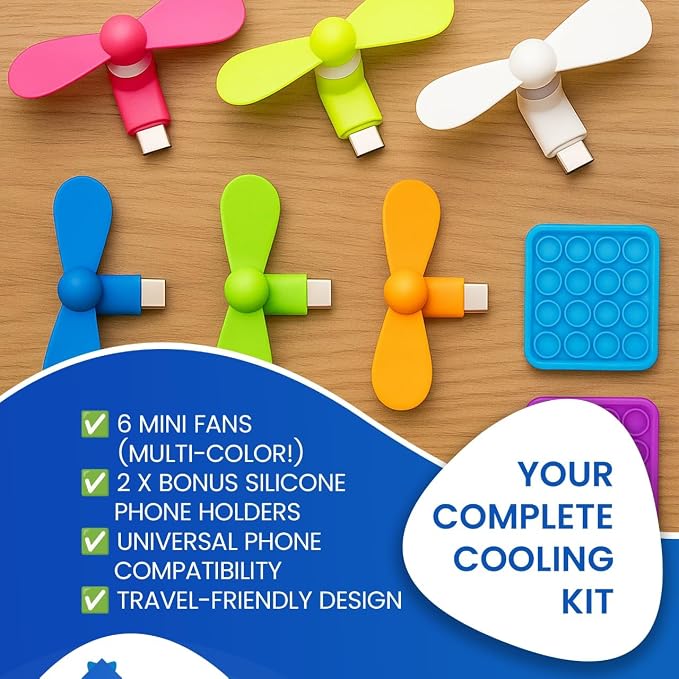 Mini Cell Phone Fan for Hot Flashes, Colorful & Powerful Fans Compatible with iPhone, iPad, Android Smartphones & Tablets, USB C Mobile Accessories, 3 iOS + 3 Type C + 2 Silicone Suction Cup Mount - Image 4