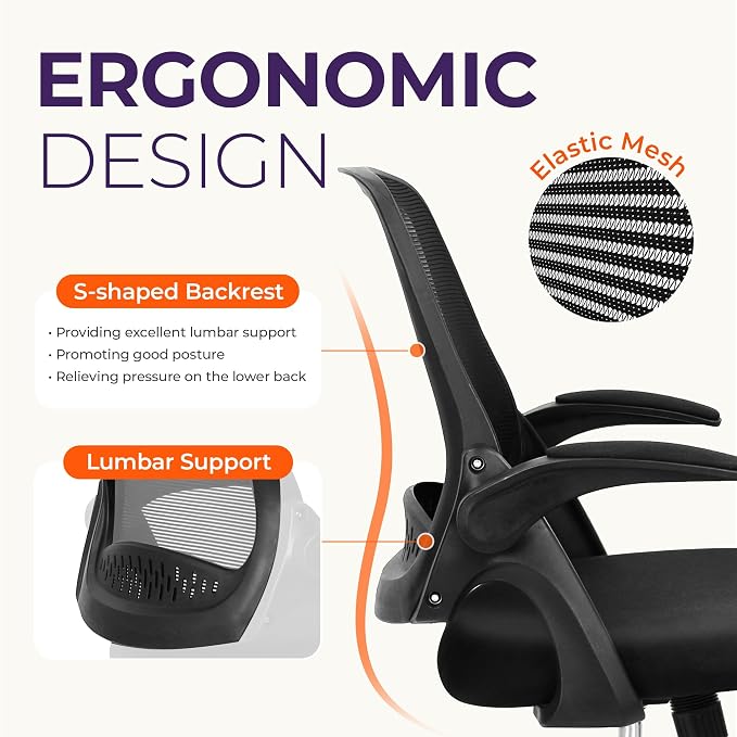NEO CHAIR Office Desk Chair Computer Gaming Ergonomic Lumbar Back Support with Flip-up Padded Armrest Adjustable Height and Wheels for Home Vanity Bedroom Study (All Black) | Lumbar Support, Height Adjustment, 360° Swivel and Rolling Base, Space-Saving... - Image 4