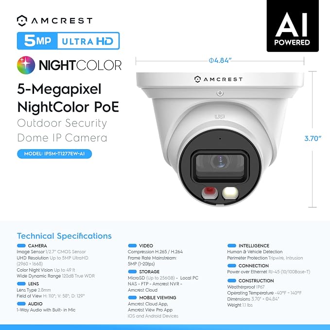 Amcrest 5MP AI Turret IP PoE Camera w/ 49ft Nightvision, Security IP Camera Outdoor, Built-in Microphone, Human & Vehicle Detection, Active Deterrent, 129° FOV, 5MP@20fps IP5M-T1277EW-AI - Image 8