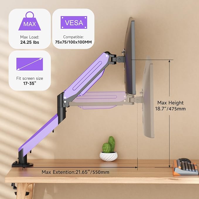 Suptek Monitor Mount Gas Spring Monitor Arm Desk Mount Fully Adjustable Fits 17-35 inch Monitors Weight Capacity up to 24.25 lbs, Black+Purple - Image 2