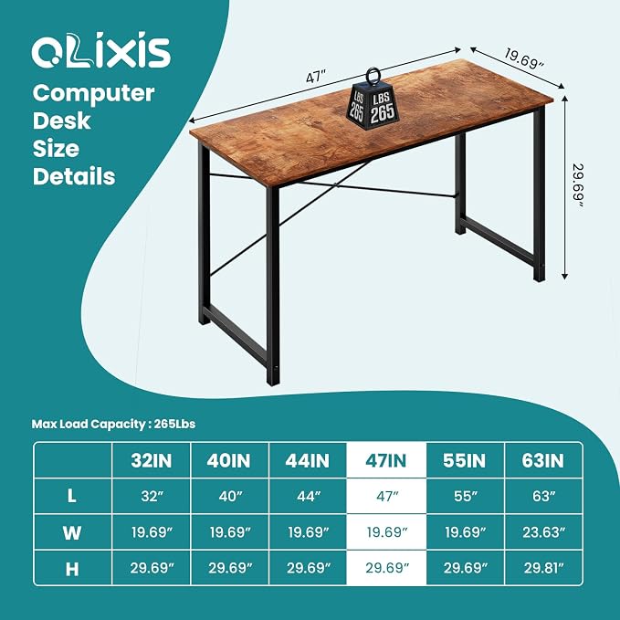 OLIXIS Computer Desk, Home Office Desk, Study Table 47 Inch | Gaming Writing Work Station, Metal Frame Sturdy Durable, Easy Assembly Bedroom, Simple Rustic Style - Image 3