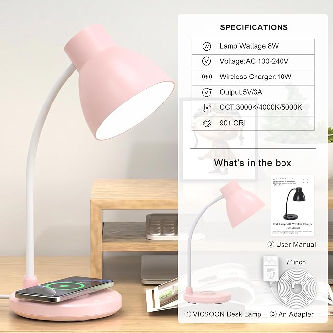 LED Desk Lamp for Home Office with Wireless Charger, Pink | 3 Color Modes Dimmable Eye-Caring Study Reading Dorm Desk Lamp, 360° Flexible Arm Table Lamp for College Dorm Room, 800 Lumen - Image 9