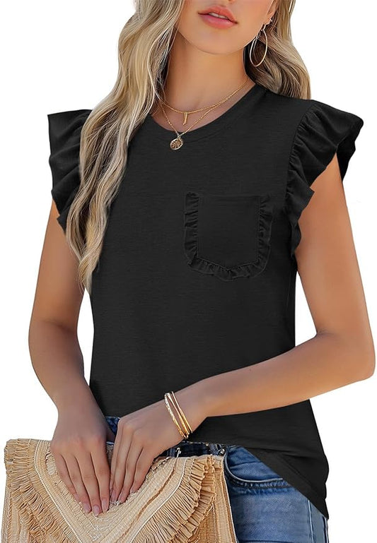 JUSTFASHIONNOW Womens Summer Tops Striped T-Shirts 2026 Ruffle Short Sleeve Crew Neck Casual Blouses with Pocket by Justfashionnow