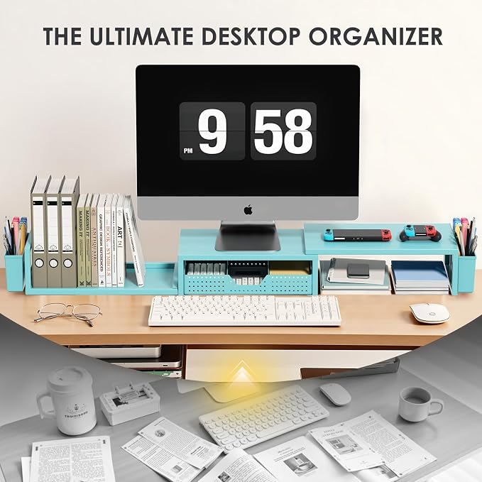 OPNICE Desk Organizers and Accessories, Dual Monitor Stand Riser with Drawer and 2 Pen Holders, Desk Shelf Metal Computer Monitor Stand for Office Workspace Organizers, Desktop Organization (Blue Metal) - Image 6