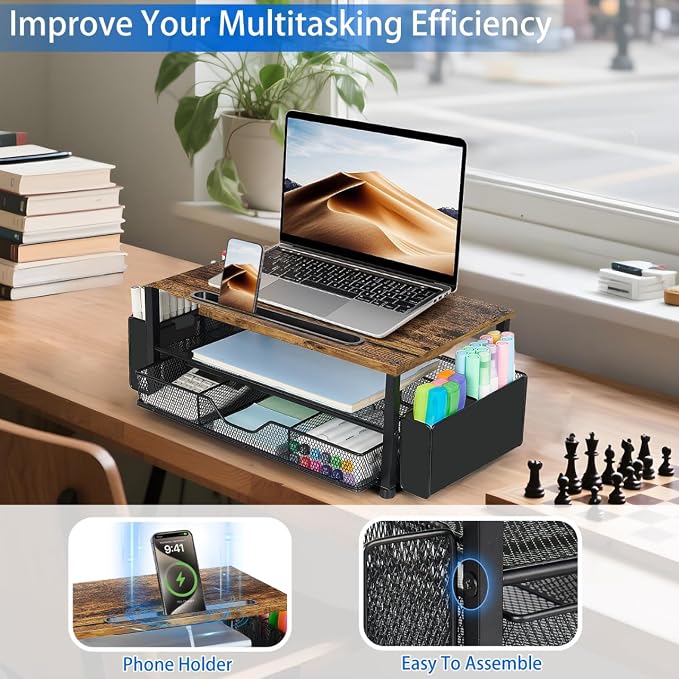 AUPSEN Wood Desk Organizers and Accessories, 2-Tier Computer Monitor Stand Riser with Drawer, Pen Storage & Phone Holder, Office Desk Accessories, Workspace Desktop Organization for Office Supplies（Brown） - Image 4