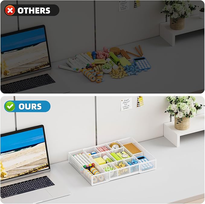 Marbrasse Expandable Desk Drawer Organizer, Mesh Drawer Organizer Tray with 10 Adjustable Compartments, Desk Organizers and Accessories, 5 Dividers Drawer for Office Supplies, Makeup & Vanity (White) - Image 8