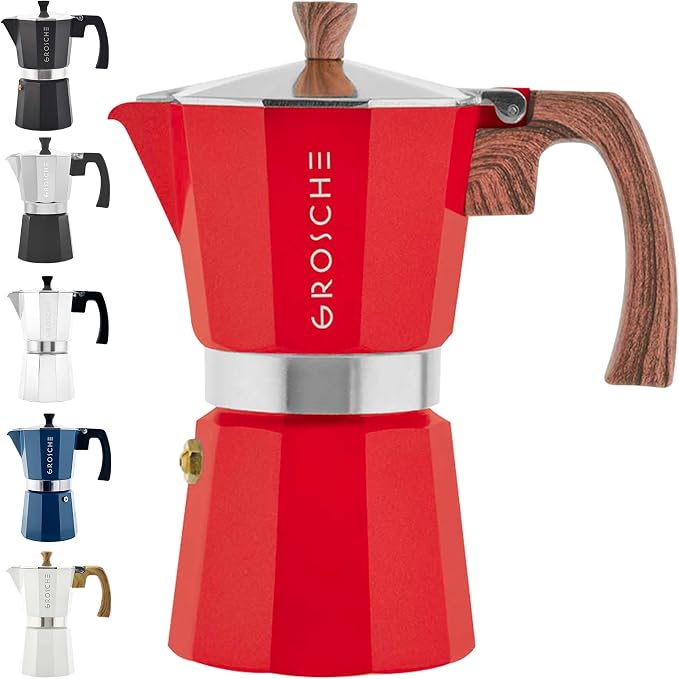 GROSCHE Milano Stovetop Espresso Maker Moka Pot 9 espresso Cup 15.2 oz Red | Cuban Coffee Maker And Italian Moka Pot For Stovetop Espresso; For Gas, Electric, And Propane Stoves With A Soft-Touch Handle by GROSCHE