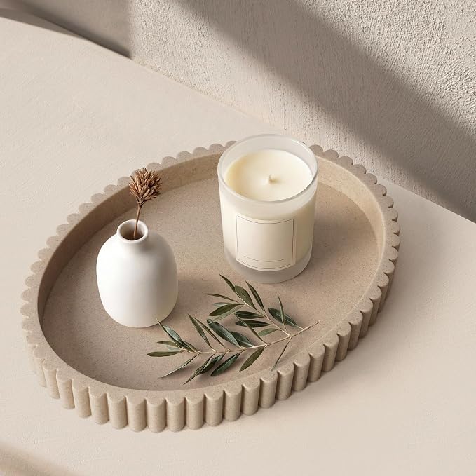 Oval Tray for Coffee Table Decor, 13" Resin Coffee Table Trays, Table Centerpieces Decorative Tray for Home Decor, Modern Decorative Centerpiece Trays, Beige Resin by Cathyeen