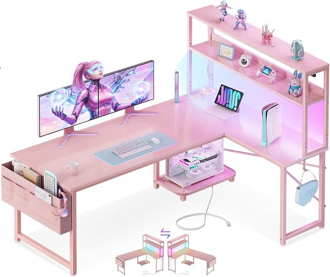 ODK 53" L Shaped Gaming Desk with Shelves, LED & Outlets, Pink | Headset hook. Storage bag. Shelves for makeup & gaming gear. LED for late-night gaming. Reversible. Fits dual monitors. by ODK
