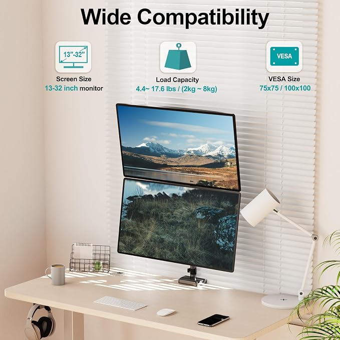 MOUNT PRO Vertical Dual Monitor Mount, Stacked Monitor Stand for 2 Computer Screens up to 32 inches, Full Motion Adjustable Tall Display Desk Mount, Each Arm Holds up to 17.6lbs, VESA Mount - Image 2
