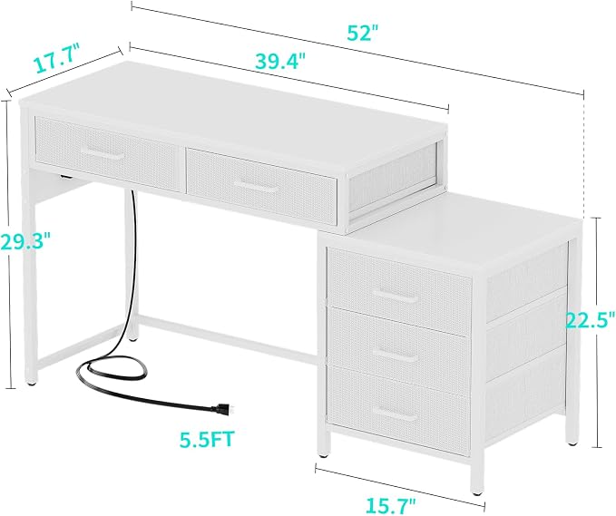 Unikito Reversible Computer Desk with 5 Drawers, Sturdy Office Desk with Power Outlets and USB Ports, Study Writing Table with File Cabinet & Printer Stand, Vanity Desk with Storage, White - Image 3