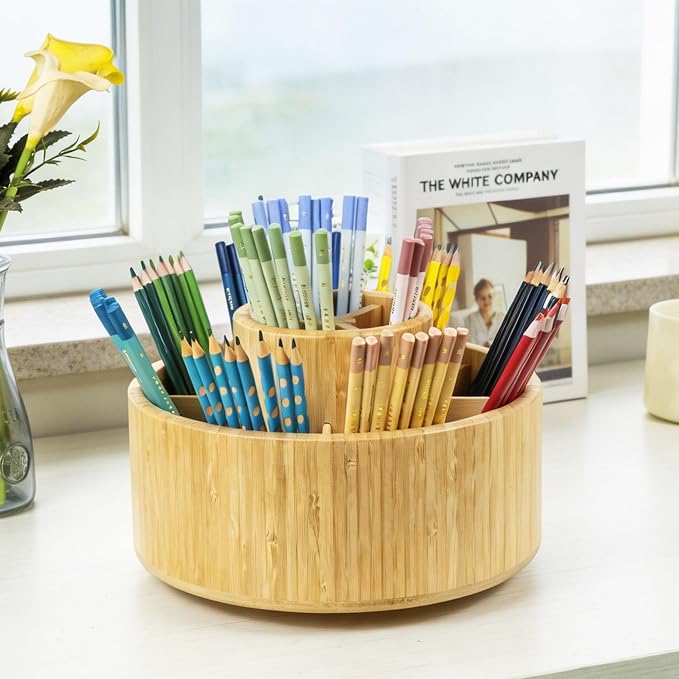 Utoplike Large Bamboo Rotating Pencil Holder, 360° Colored Pen Organizer | Spinning Art Supply Desk Caddy with Raised Center, 11-Compartment Desktop Storage for Pens, Markers and Office Supplies - Image 2