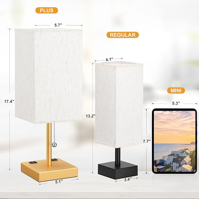 Gold Bedside Lamp for Bedroom - 3 Color Temperatures, USB A+C, 2 AC Outlets | Pull Chain Switch, LED Bulb Included, Cream Fabric Shade, 17.4" Table Lamp for Nightstand, Desk, Living Room, Office - Image 3